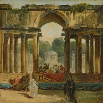 Dans en concert in een park door Hubert Robert